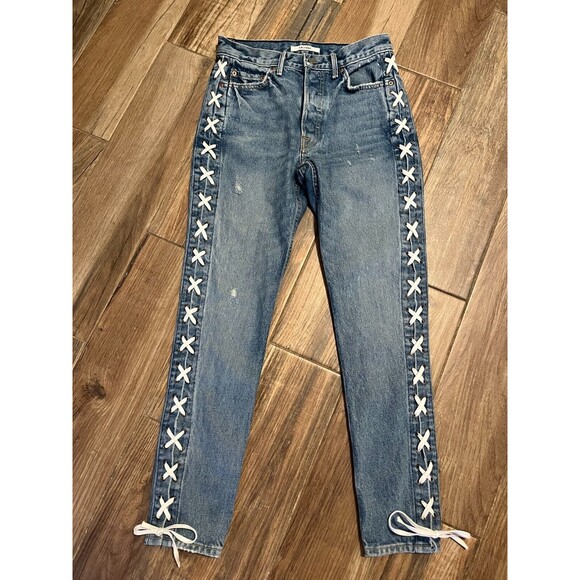 GRLFRND Jeans Karolina Blue 100% Cotton USA White Shoe Lace Sz 25 EUC - Picture 9 of 15